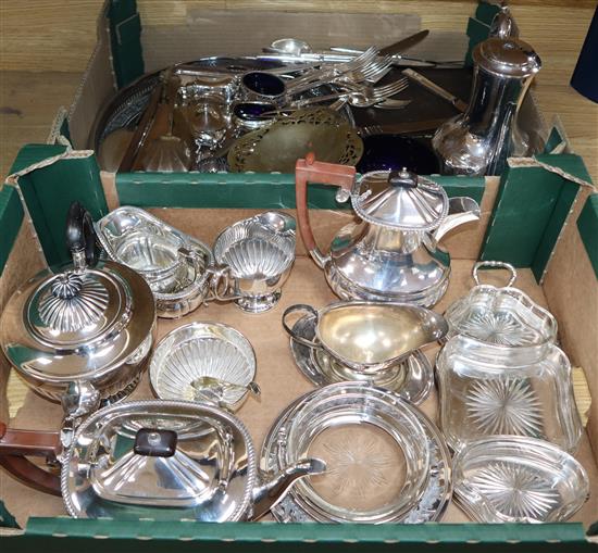 A quantity of assorted plated wares including a butter dish, hors doeuvres dish, flatware, tea set etc. in two boxes.